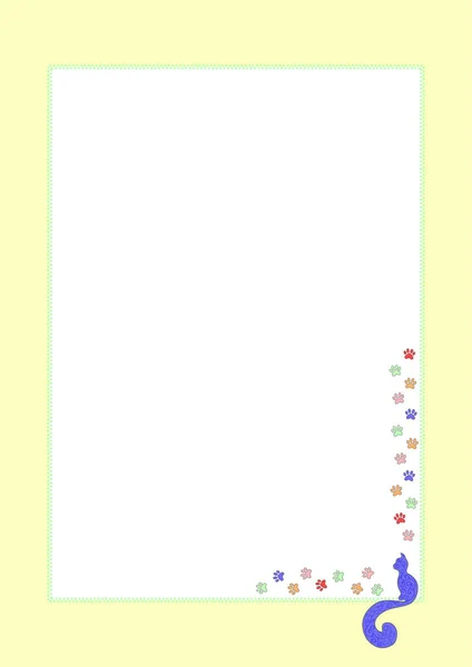 Kedi ve kedi pençeleri, kartpostal, vektör çizim izleri ile çerçeve