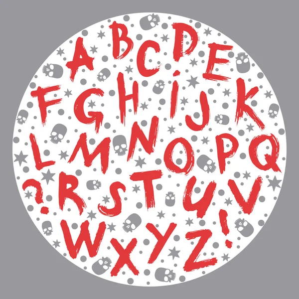 Красный Латинский Алфавит Круглом Фоне Черепов Звезд Нарисованный Вручную Векторная — стоковый вектор
