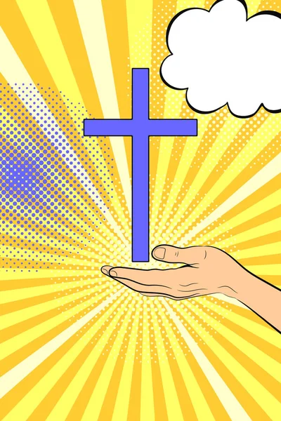 Hand Kreuz Und Sprechblase Auf Pop Art Hintergrund Vektorillustration — Stockvektor