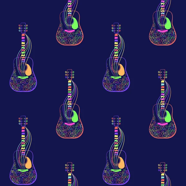 Kusursuz desen. Mavi arka planda renkli gitarlar. Süslü gitar, vektör illüstrasyonu