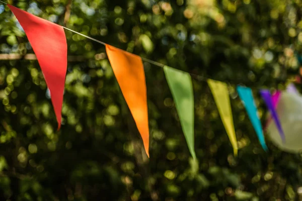Barevné papírové prapory vlajky a balónky visí na stromech na letní party — Stock fotografie