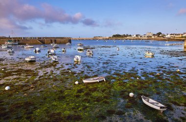 Roscoff Körfezi 'nde kayıklar dalgaların çekildiği yerde duruyor. Fransa