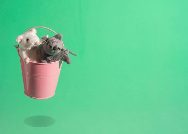 Küçük kovada uçan oyuncak fareler