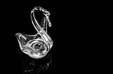 Şeffaf cam bir kuğu şeklinde çanaklar. Siyah arka planda yansıması olan bir kuğu.