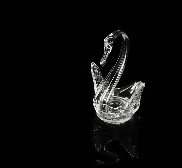 Transparent glass Swan with reflection on black background with copy of space — Stock Photo, Image