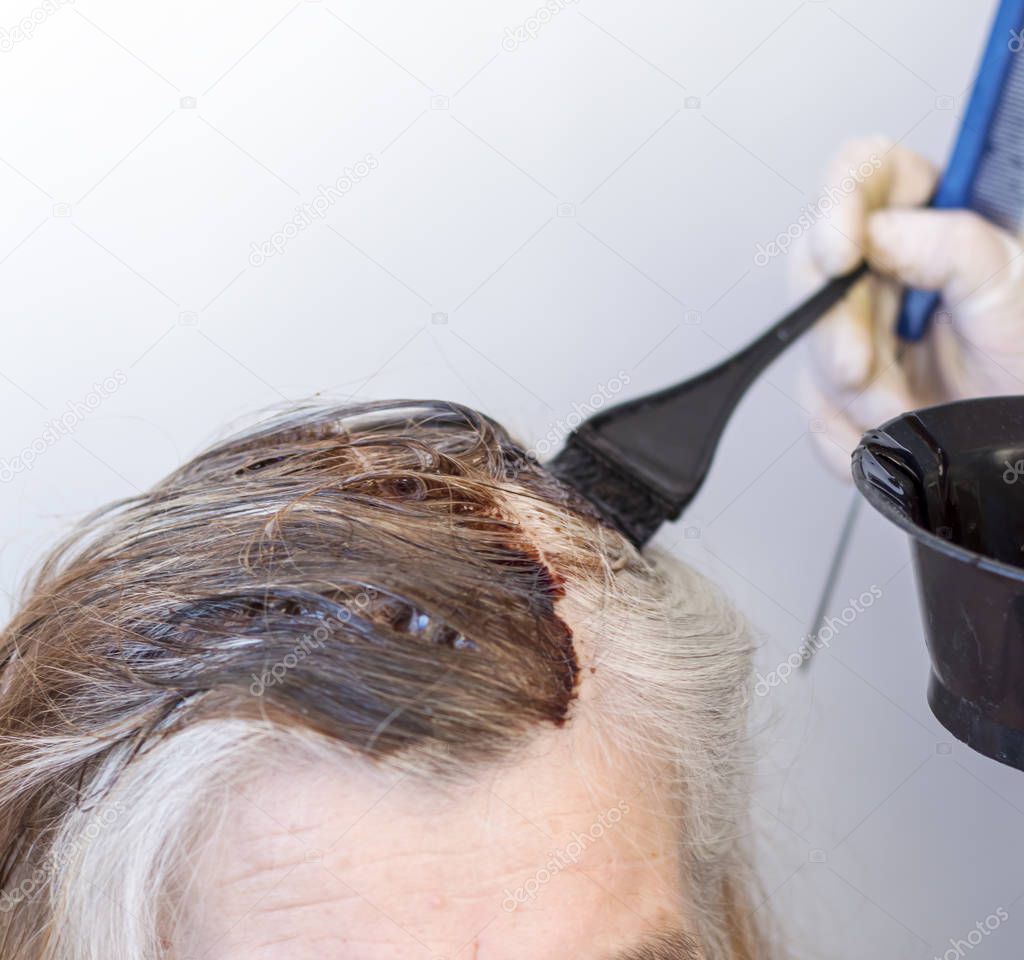 coloring gray hair in a brown tone for a woman in close-up