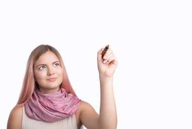 genç kadın wihteboard beyaz boşaltmak ile çizim