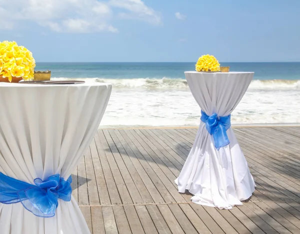 Bar tables decorated for party or wedding with ocean view — Stock Photo, Image