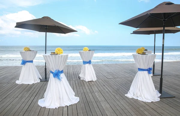 Bar tables decorated for party or wedding with ocean view — Stock Photo, Image