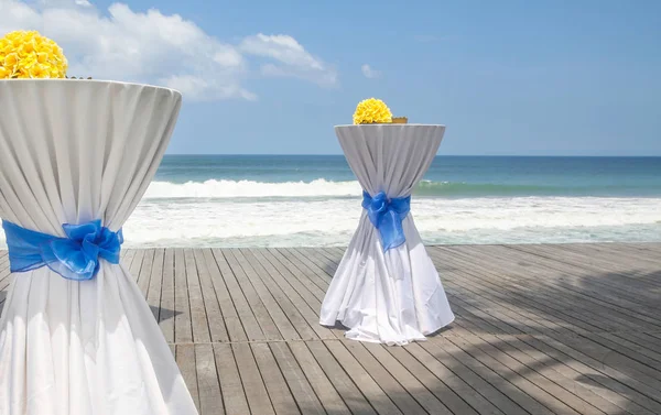 Bar tables decorated for party or wedding with ocean view — Stock Photo, Image