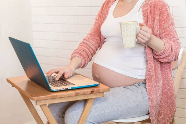 Gravid kvinna som arbetar på den bärbara datorn hemma — Stockfoto