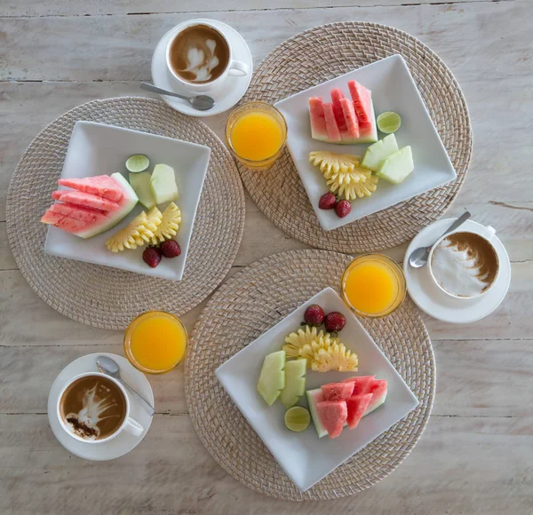 Owoców Kawa Śniadanie Śniadanie Kawa Owoc Płyta Widoku Góry — Zdjęcie stockowe