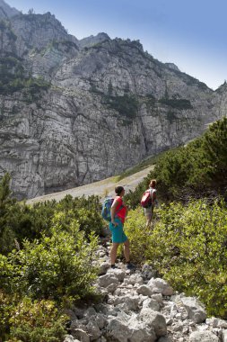 Dağ doğa zam güneşli günde yürürken yürüyüşçü hiking