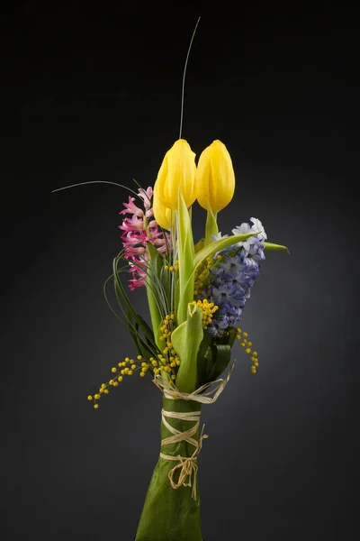 Jarní tulipány, hyacint černém pozadí — Stock fotografie
