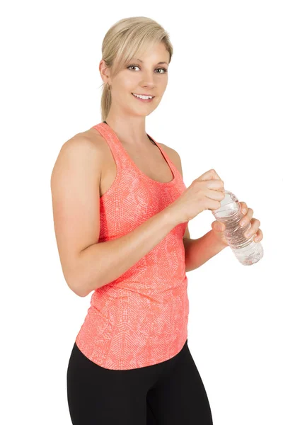 Mulher desportiva abertura garrafa de água — Fotografia de Stock