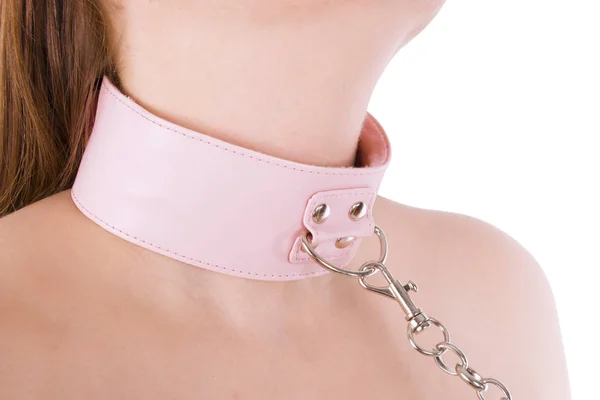 Stehende unterwürfige Frau mit rosa Halsband Hund. — Stockfoto