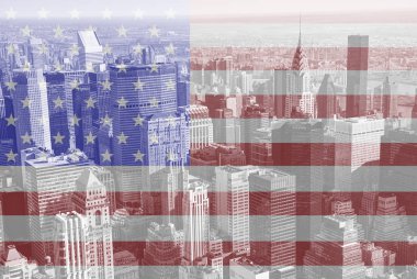 New York city ve Amerikan bayrağı çift pozlama