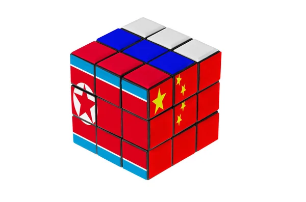 China, Coreea de Nord și Rusia steag forma puzzle — Fotografie, imagine de stoc