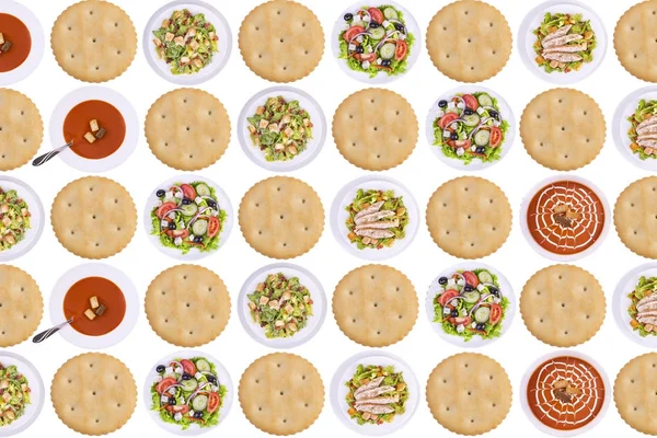Rader av cracker kakor, soppor och sallader — Stockfoto