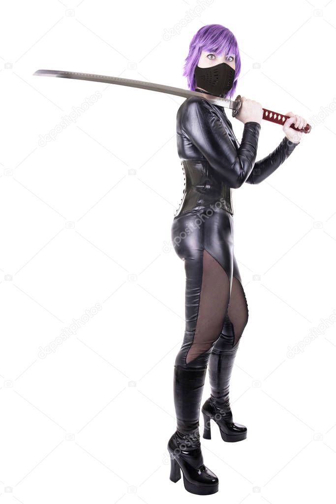 Sexy woman with a katana, isolated on white background.