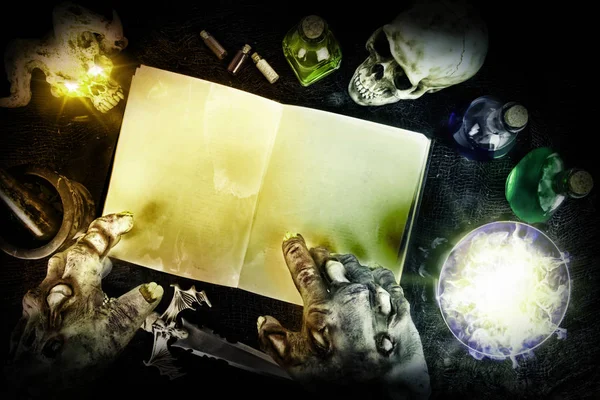 Halloween Composition Mysterious Bottles Black Magic Book Top View — Stock Photo, Image