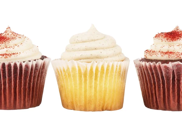 Fechar Três Deliciosos Cupcakes Aniversário Isolados Fundo Branco — Fotografia de Stock