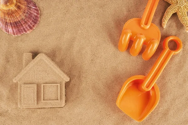 Casa Nisip Turnat Jucării Din Plastic Stabilire Plajă — Fotografie, imagine de stoc