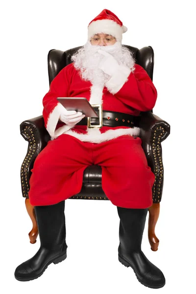 Санта Клаус Держит Цифровой Планшет Фотоконцепция Рождественских Праздников — стоковое фото