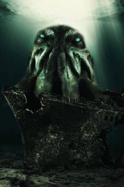 Cthulhu canavar deniz, derin batık ön planda. Fotoğraf düzenleme.