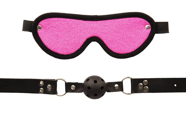 Blindfold Mask Och Ball Gag Isolerad Vit Bakgrund — Stockfoto