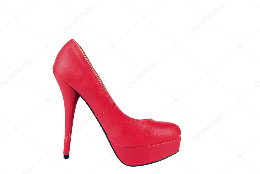 Red leather high heel shoe, isolated on white background. Clipping path.