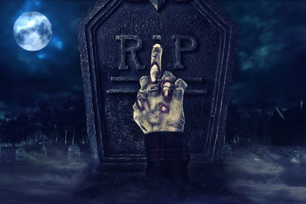 Zombie Χέρι Δείχνει Μεσαίο Δάχτυλο Μπροστά Από Ταφόπλακα Ανατριχιαστικό Νεκροταφείο — Φωτογραφία Αρχείου