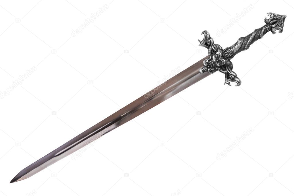 Sword disposed by diagonal, isolated on white background. Cut out.