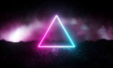 Kayalık zeminde parlayan fütüristik neon üçgen ışık, büyük pankart, 3 boyutlu çizim, üçgen bokeh, pembe mavi renk..