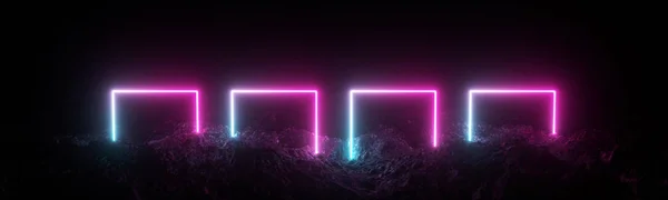 Kayalık zeminde parlayan fütüristik retro kare neon ışığı, büyük afiş, üç boyutlu resim, siyah arkaplan, pembe mavi renk.