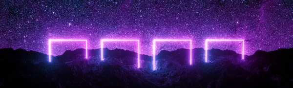 岩の地面に輝く未来的なレトロな正方形のネオンライト 大きなバナー 3Dレンダリング 宇宙の星のフィールドの背景 紫の色 — ストック写真