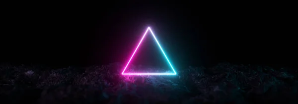 Futuristic retro neon triangular light glowing on rocky ground, large banner, 3d render, black background, Pink blue color.