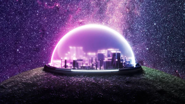 3Dレンダリング 空間背景と紫色のピンクの輝くネオンと宇宙植民地化の概念を持つ新しい居住可能な惑星上の植生と風景の上に未来的な都市をカプセル化しました — ストック写真
