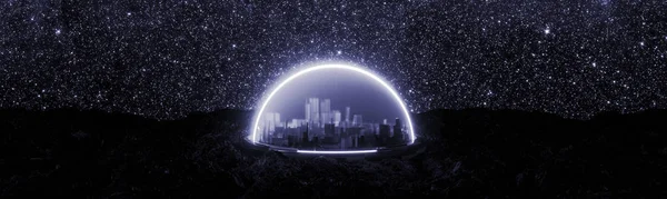 Uzayda, yeni yaşanabilir gezegende, kayalık zeminde, yapay atmosferde, 3 boyutlu görüntüde, uzay arkaplanlı ve parlayan neon ışıklı uzay kolonileşme kavramının soyut kapsülleşmiş fütüristik kenti..