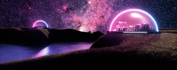 Encapsulated futuristic cities on islands with vegetation on new habitable planet with life and water, 3d render, space colonization concept with space background and purple pink glowing neon.