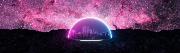 抽象的なカプセル化された未来都市の宇宙 新しい居住可能な惑星 岩石の地面 人工的な雰囲気 3Dレンダリング 宇宙背景と紫色の青輝くネオンと宇宙植民地化の概念のイラスト — ストック写真