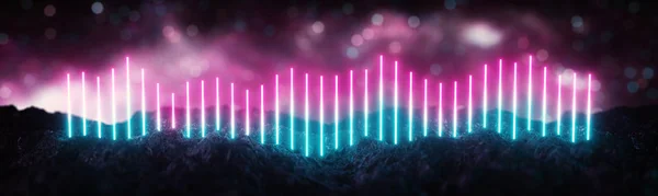 Kayalık zeminde parlayan fütüristik neon çizgileri, dengeleyici tarzı, geniş pankart, 3D renkler, bokeh arkaplan, pembe mavi renk.