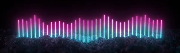 Kayalık zeminde parlayan fütüristik neon çizgileri, dengeleyici tarzı, geniş pankart, 3D renkte, siyah arkaplan, pembe mavi.