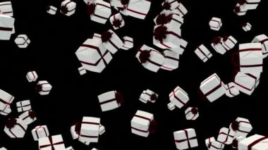 Noel hediyeleri kırmızı kurdelelerle sarılı beyaz hediye kutuları siyah arka plana dökülüyor ve Luma mat ile döngüye giriyor..