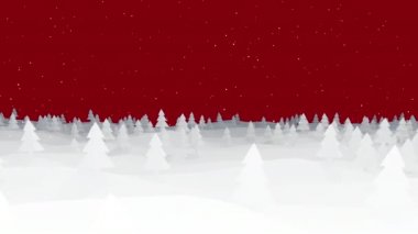 Noel arifesi orman silueti kar yağışı, kırmızı zeminde kar yağışı, düşük polen, panoramik kamera hareketi