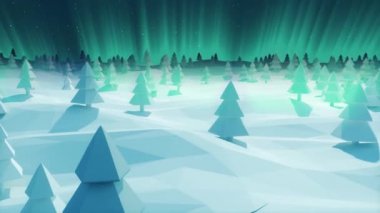 Noel arifesi karlı orman manzarası, yeşil ışınlı kar yağışı, panoramik kamera hareketi