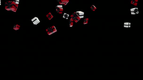 圣诞节礼物红白相间 红丝带包裹的礼品盒落在黑色背景的阿尔法通道上 — 图库视频影像