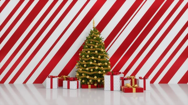 Červené a bílé dárky s vánoční stromeček — Stock fotografie