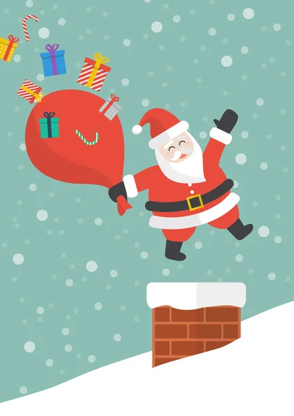 Święty Mikołaj z czerwona torba duże skoki w kominie — Wektor stockowy
