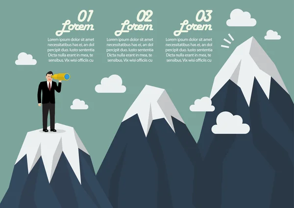 Businessman looking for mountain peak infographic — Stock Vector